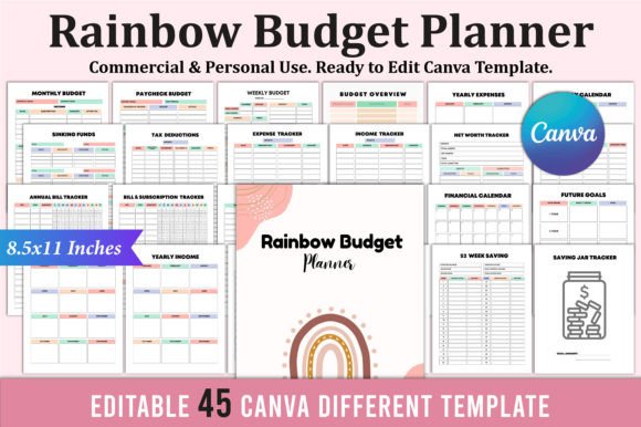 Download Rainbow Budget Planner for Canva KDP - Budget planner Collection
